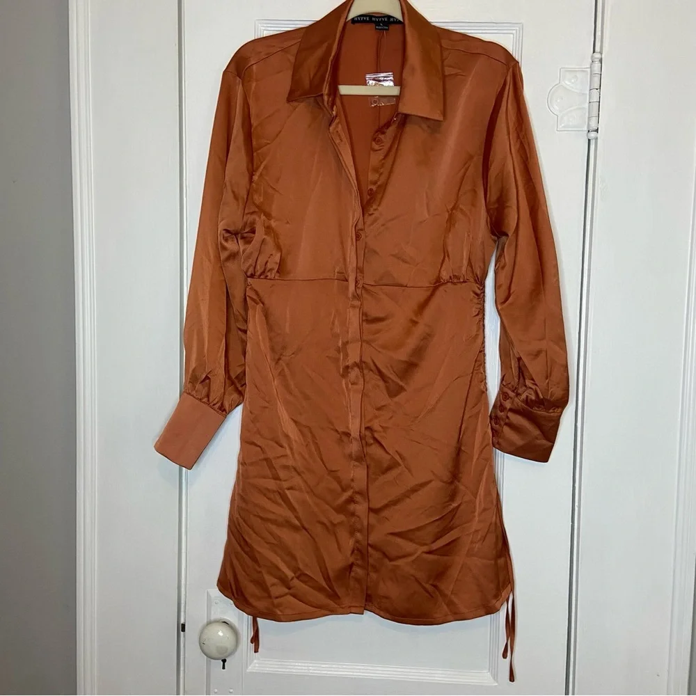 Hyfve Button Down Ruched Long Sleeve Mini Dress Size Large NEW - Picture 5 of 14